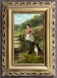 Sheperdess and dog by David W. Haddon, oil on canvas, sold Mar 2025