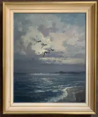 Birds in flight over a seascape by Jack Cox, oil on board, sold Mar 2025