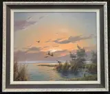 Ducks alighting over marshland at Dusk / Dawn by Gerald Brouwer, oil on canvas, sold Mar 2025