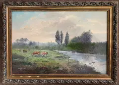 Landscape scene with grazing cattle by a river by John Mace, oil on board, sold Mar 2025
