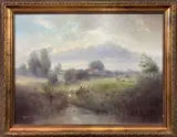 Landscape scene with geese and cattle by John Mace, oil on board, sold Mar 2025