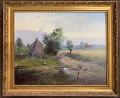Countryside landscape with two figures walking a track by a by John Mace, oil on board, sold Mar 2025