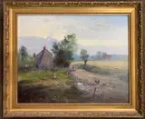 Countryside landscape with two figures walking a track by a by John Mace, oil on board, sold Mar 2025