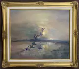 Ducks alighting over water by Jack Cox, oil on board, sold Mar 2025