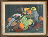 Still life study of fruit and mandolin by Brenda Dennis, 1973, oil on board, sold Mar 2025