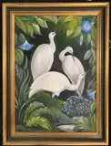 Trio of white wading birds in amongst the flora by Brenda Dennis, oil on board, sold Mar 2025