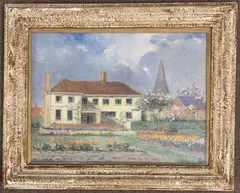 View over a floral garden and house by Will Longstaff, oil on canvas, sold Mar 2025