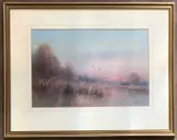 Broadland marshes at sunset/ sunrise with alighting ducks by Peter Metcalf, watercolour, sold Mar 2025