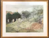 Autumnal landscape view over headstones and a distant church by Daphne Hurn, watercolour, sold Mar 2025