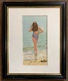 Beach scene with a lady in the shallows by Mary Gundry, watercolour, sold Mar 2025