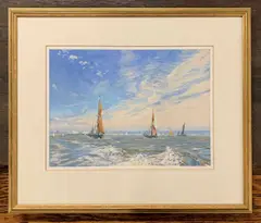 Seascape with sailing yachts under a bright sky by Margaret Glass, watercolor, sold Mar 2025