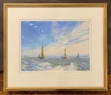 Seascape with sailing yachts under a bright sky by Margaret Glass, watercolor, sold Mar 2025