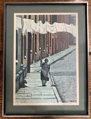 Lady in a Terrace Street with Washing by Stuart Walton, lithograph, sold Mar 2025