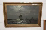 Shipping / harbour scene lit by moonlight by Charles Tracy, oil, sold Mar 2025