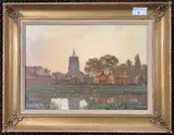 View across a pond to a village and church by Walter Dexter, oil on board, sold Feb 2025