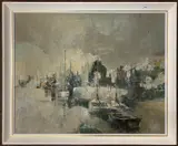 Shipping / Harbour scene by Edward Reginald Kirkness, oil on board, sold Feb 2025