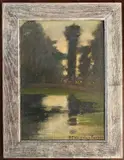Landscape view over water by Jessie Toller Kingsley Tarpey, oil on board, sold Feb 2025