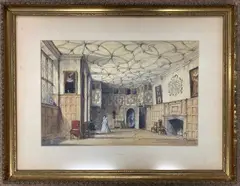 Hall interior scene by Joseph Nash, 1830, pencil, sold Feb 2025