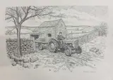 Study of a farmer on a tractor in situ by Michael James, drawing, sold Feb 2025