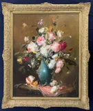 Still life study of flowers in a blue / green vase by Endre Kömpöczy Balogh, oil, sold Jan 2025