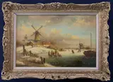 Dutch winter landscape with figures skating on a by Pieter Cornelis Steenhouwer, oil on panel, sold Jan 2025