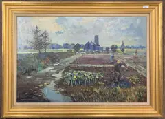 Gardeners in an allotment plot with Hadiscoe church in the by John Clifford, oil on board, sold Jan 2025