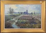 Gardeners in an allotment plot with Hadiscoe church in the by John Clifford, oil on board, sold Jan 2025