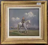 Study of a horse and rider with a gathering / fair in the distance by Geoffrey Mortimer, oil on board, sold Jan 2025
