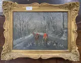 Huntsman and hounds travel through a winter laden landscape by Geoffrey Mortimer, oil on board, sold Jan 2025