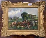 Travellers with horses by Geoffrey Mortimer, oil on board, sold Jan 2025