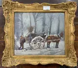 Traveller works to load hay on a horse driven cart in a snow laden by Geoffrey Mortimer, oil on board, sold Jan 2025