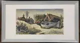 Beached fishing boat with surrounding buildings by Leslie Davenport, watercolour, sold Jan 2025
