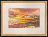 Abstract view over a port / harbour town by Martin Laurance, watercolour, offered Jan 2025