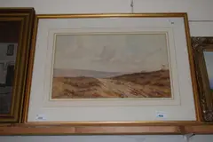 Moorland / pastoral landscape with a shepherd and flock of sheep by Frank Rousse, watercolour, sold Dec 2024