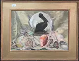 Still life study of shells and a central pelican statue by Alice Simpson, oil on canvas, sold Dec 2024