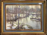 Winter landscape with meandering river by Nils Olzen, oil on canvas, sold Dec 2024