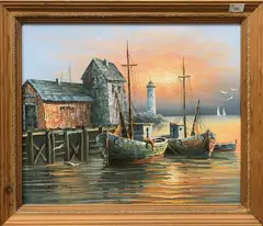 Harbour scene by Max Savy, oil on canvas, offered Dec 2024