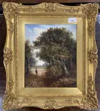 A figure on horseback rides a a country track through a wooded by Joseph Thors, oil on board, sold Dec 2024