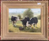 Trio of cows of a field setting by Ken Bizon, oil on canvas, sold Dec 2024