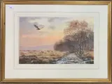 Autumnal landscape with grazing sheep and an Eagle in flight by Brian Fensome, watercolour, offered Dec 2024