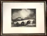 A bankside view of a bridge and buildings by Chauncey Foster Ryder, etching, sold Dec 2024