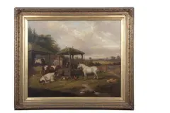 Farmyard scene by James Clark, oil on canvas, sold Nov 2024