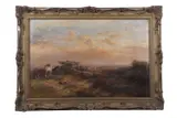 Sunset / sunrise Landscape scene with figures / horses working by David Payne, oil on canvas, sold Nov 2024