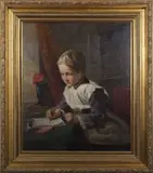 Child sits contemplatively writing with pen and ink by H.J. Wright, 1882, ink, sold Nov 2024