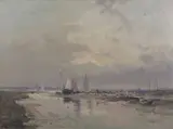 Boats in a Norfolk Estuary by Jack Cox, oil on board, sold Nov 2024
