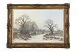 Winter landscape with a mallard in flight by a thicket at sunset by Colin Burns, oil on canvas, offered Nov 2024