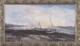 Beached boats on the shoreline by Jack Cox, oil on board, offered Nov 2024