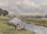 Pastoral landscape with grazing cattle and figures residing by a river by Owen Waters, oil on board, sold Nov 2024