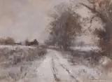A view across a country lane and countryside covered in snow by Owen Waters, oil on board, sold Nov 2024
