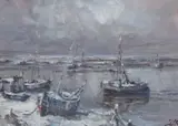 Fishing boats at Wells by Jack Cox, oil on board, sold Nov 2024